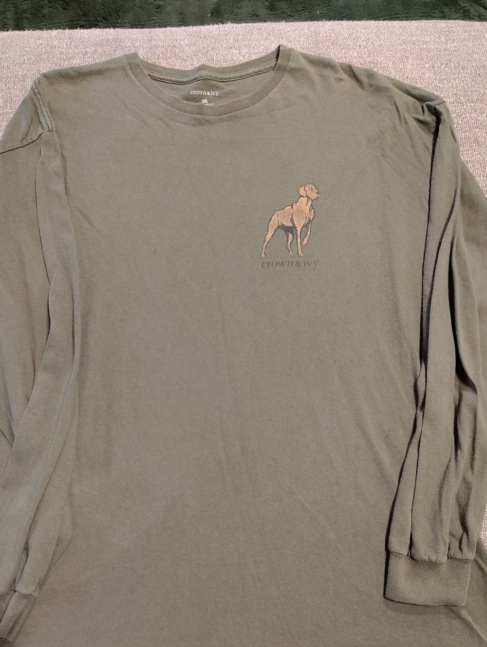 crown & ivy Olive Green Long Sleeve Tee with Dog Graphic 2XL